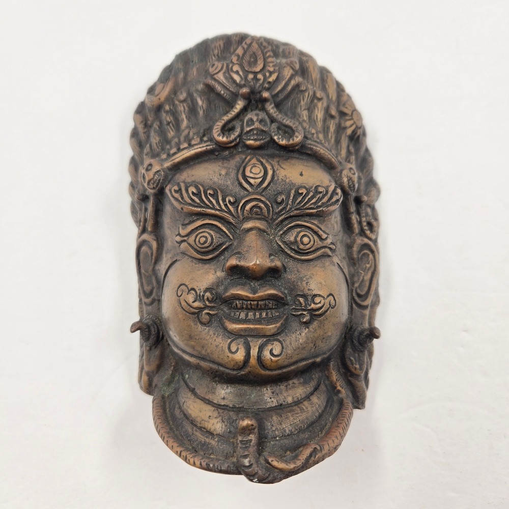Vintage Heavy Bronze Mahakala Mask -  Tibetan Buddhist Wall Art Decor 5.5" high